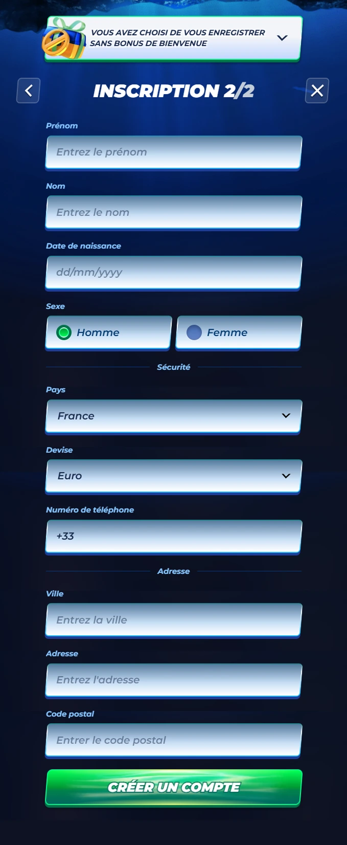 Formulaire de création de compte sur BassBet avec champs personnels
